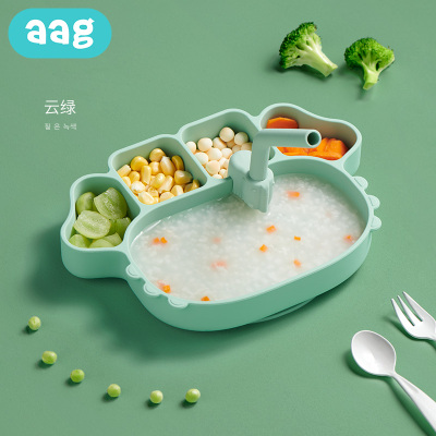 aag宝宝餐盘婴儿吸盘式分格卡通辅食碗儿童餐具套装防摔硅胶餐垫云绿