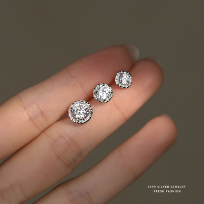 新款轻奢简约超闪锆石耳钉女s999纯银百搭高级感足银潮流耳饰秋冬送女朋友老婆情人节七夕生日礼物