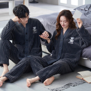 情侣和服珊瑚绒睡衣女士秋冬季居家加厚保暖法兰绒家居服套装男士