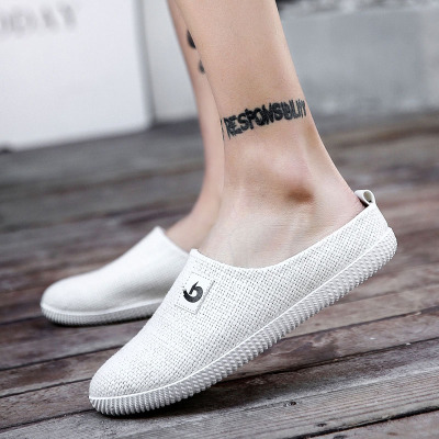 SEMBOSR拖鞋男夏季新款透气亚麻鞋男休闲一脚蹬懒人鞋老北京包头凉拖豆豆半拖鞋