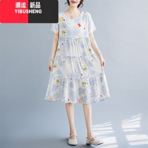 YIBUSHENG短袖大码棉绸连衣裙女时尚外穿中长款年轻款碎花气质人造棉大摆
