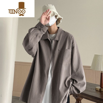 YANXU古巴领衬衫男长袖秋季港风日系衬衣痞帅感夹克外套青少年休闲