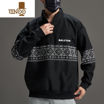 YANXU美式长袖T恤男士秋季潮牌印花宽松半拉链上衣立领卫衣潮