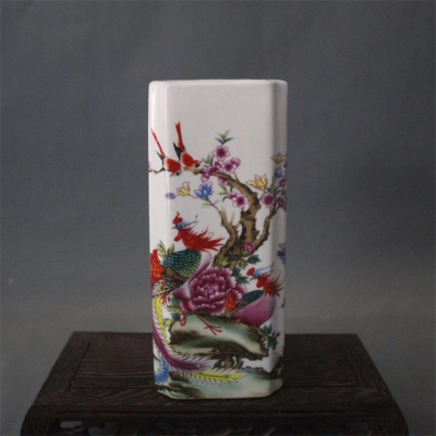 美帮汇景德镇仿古陶瓷乾隆粉彩祥凤来仪花鸟四方高笔筒家居桌面收纳摆件
