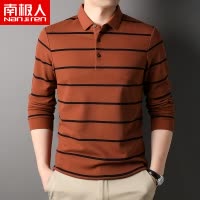 南极人丝光棉长袖T恤秋季中青年翻领休闲百搭条纹POLO衫男装上衣