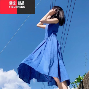YIBUSHENG法式小个子无袖蓝色连衣裙子女季2024新款海边度假沙滩背心长裙