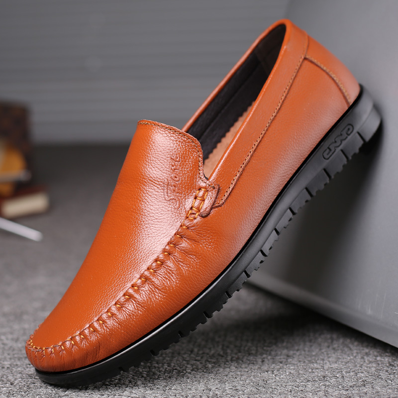 真皮男皮鞋一脚蹬休闲鞋透气橡胶底男鞋中老年防滑豆豆鞋