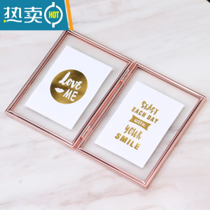 敬平欧式摆台相框折叠连体双面透明6寸7寸8寸10寸金属照片框玻璃摆件 玫瑰金竖款 10寸[亚克力面]