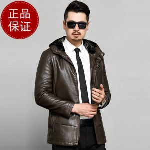 免费试穿 海宁真皮男皮毛一体男外套青中年连帽真皮真毛冬季加厚皮衣皮夹克海宁真皮绵羊皮