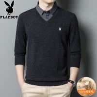 花花公子秋冬新款100纯羊毛衫男加厚衬衫领假两件毛衣针织打底衫