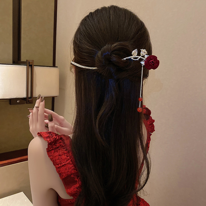 气质中国风玫瑰发簪古风步摇精致流苏簪子高级感复古汉服新娘头饰送女朋友老婆情人节七夕生日礼物
