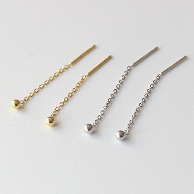 S925纯银圆珠耳线简约百搭金色银饰气质长款个性日韩潮流款女学生送女朋友老婆情人节七夕生日礼物