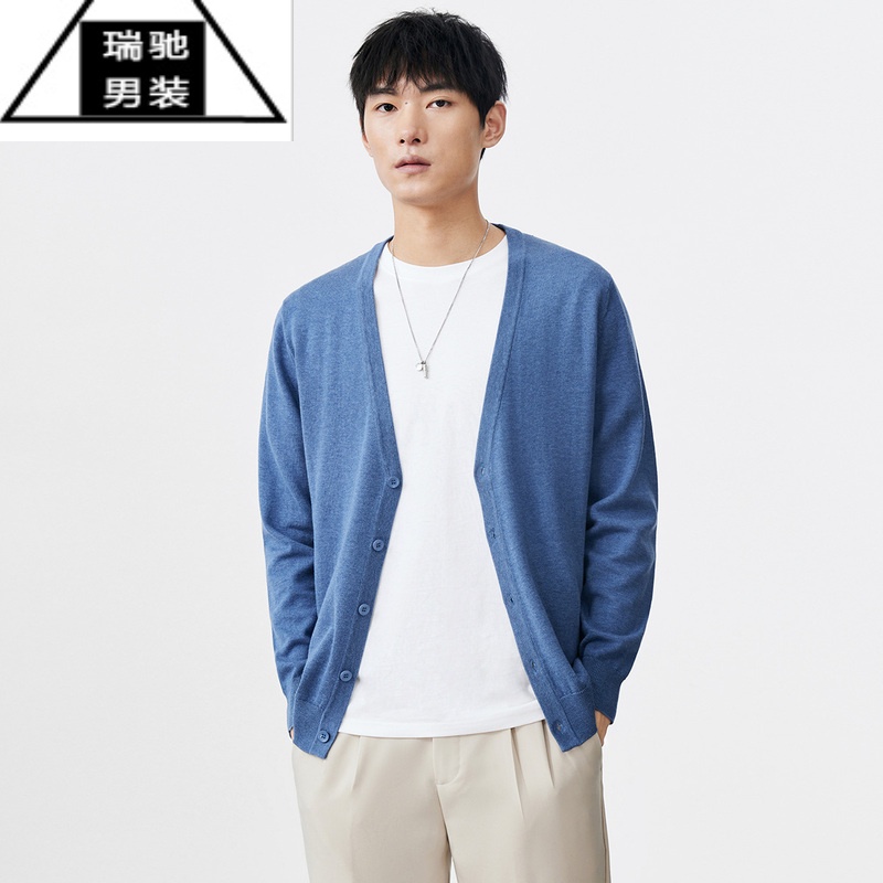 希杰狮王2022春秋季棉质v领针织开衫男长袖韩版毛衣休闲男装线衣外套
