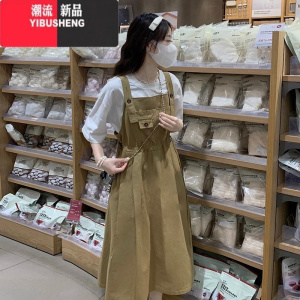 YIBUSHENG2023新款春季少女大童学院风套装背带裙松紧腰初高中学生连衣裙