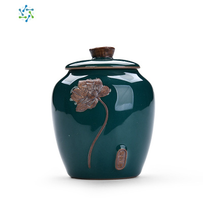 茶叶罐陶瓷大号密封存储物罐装茶叶罐普洱茶叶包装盒茶盒三维工匠陶瓷盖清荷禅茶一味藏青墨线茶具
