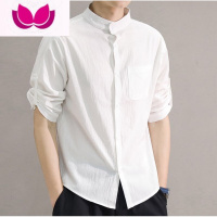 七斓亚麻衬衫男士夏韩版潮流帅气修身七分袖七分袖衬衣男短袖