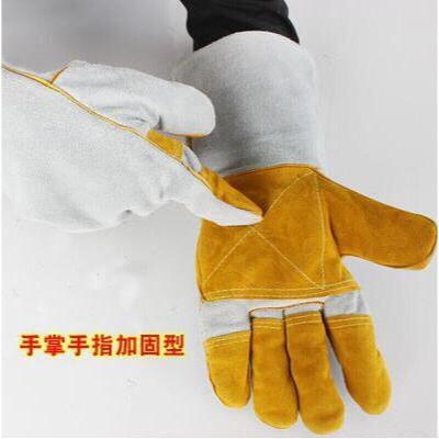 电焊手套长款 仿牛皮电焊手套焊工烧焊机械加固加托用高温隔热手套电焊工仿皮手套长款 手指手掌加固