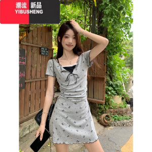 YIBUSHENG假两件蝴蝶结印花短袖连衣裙女季气质蕾丝花边收腰显瘦A字长裙