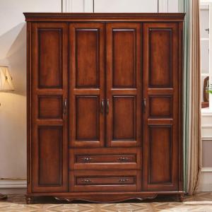 全实木欧式四衣柜卧室原木橡木家具木质美式乡村家用整体大衣橱 栗色4门组装