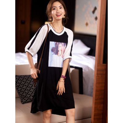 暖青汇大码欧洲站新款宽松拼接印花宽松显瘦气质短袖连衣裙胖妹妹女装夏大码女装