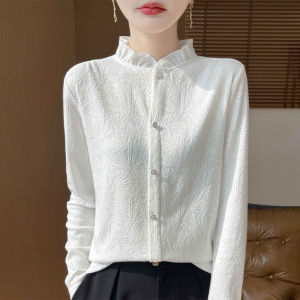 外套2025春夏新女短款木耳边半高领提花衬衣针织打底衫上衣