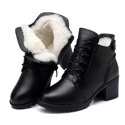 公牛乐途2021冬季女短靴马丁靴加厚保暖粗跟棉靴真皮加绒羊毛女冬鞋妈妈棉鞋