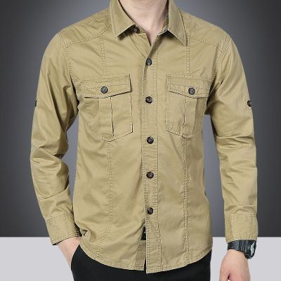 JPDUN男装长袖衬衫男士休闲开衫大码军装春秋季宽松休闲衬衣潮