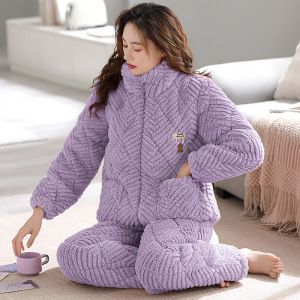 女士三层加厚珊瑚绒夹棉睡衣秋冬季法兰牛奶绒保暖棉袄家居服套装