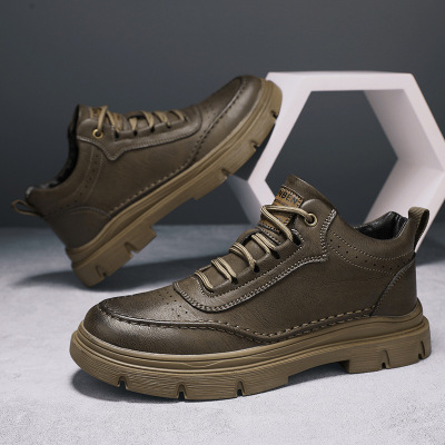 男鞋中帮秋季新款百搭厚底休闲板鞋复古工装靴男士潮流超纤鞋面