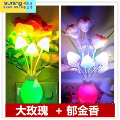 希杰狮王创意LED节能光控感应插座插电壁灯宝宝婴儿童卧室床头睡眠小夜灯大玫瑰送郁金香共2个灯具