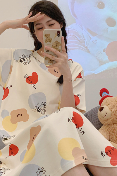 韩版睡裙女士夏季棉质短袖中长款可爱卡通带胸垫可外穿家居服裙子