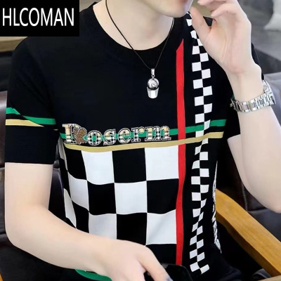 HLCOMAN短袖t恤男夏季冰丝印花圆领格子半袖潮流体恤2025潮流ins新款上衣