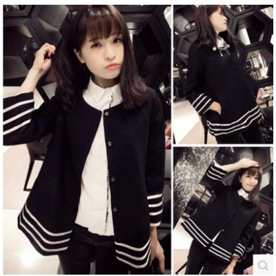 春季新款女装韩版学院风宽松显瘦条纹拼色短款外套女学生上衣潮黑色均码