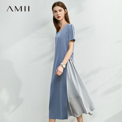 Amii法式气质收腰显瘦假两件蓝色连衣裙2020夏新款缎面雪纺裙子女