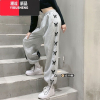 YIBUSHENG灰色阔腿裤女薄三杠潮宽松直筒休闲裤束脚高腰长裤运动裤百搭潮