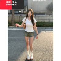 YIBUSHENG正肩v领黑色短袖t恤女季2024新款内搭修身显瘦百搭辣妹短款上衣