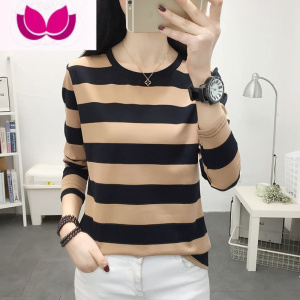 七斓2022装新款上衣女装修身显瘦条纹Y领长袖t恤女打底衫学生秋衣