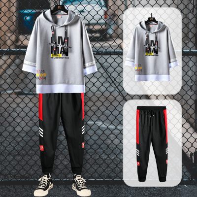 狮臣SHICHEN卫衣套装男2020年秋季新款时尚百搭运动服男士连帽套头宽松休闲卫衣男七分袖卫衣套装男TZ8086灰色M