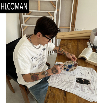 HLCOMAN欧美hiphop小领口印花字母短袖T恤男夏季美式高街宽松情侣ins上衣