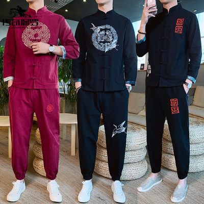 传奇保罗（CHUANQIBAOLUO）春季新款休闲时尚简约舒适百搭潮流帅气男长袖T恤套装长裤大码盘扣开衫外套中国风套装