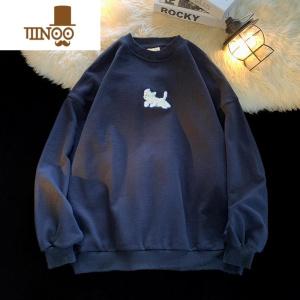 YANXU韩版潮牌植绒卫衣男秋季宽松简约圆领套头衫港风中性情侣无帽外套