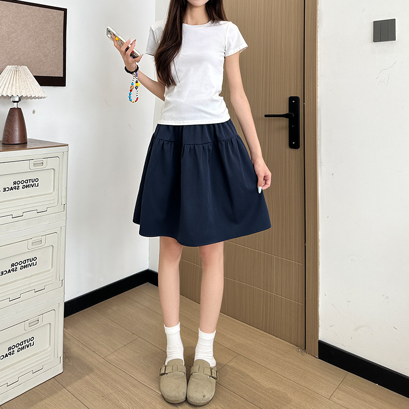 藏青色日系半身裙女夏季新款休闲a字垂感半裙学院风五分短裙