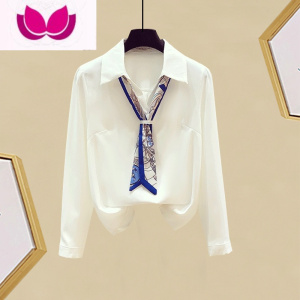 七斓小香风时尚套装别致飘带长袖衬衫女显瘦弹力小脚牛仔裤