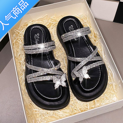 SUNTEK水钻蝴蝶套趾凉拖鞋女夏外穿2023新款时尚仙女风厚底增高两穿凉鞋