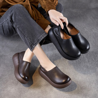 头层牛皮两穿厚底松糕乐福单鞋女春秋新款一脚蹬复古勃肯鞋