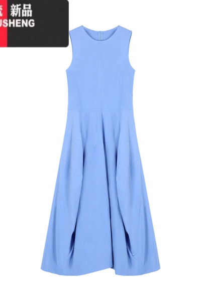 YIBUSHENG法式气质蓝色背心裙连衣裙女季海边度假风小众设计感褶皱长裙子