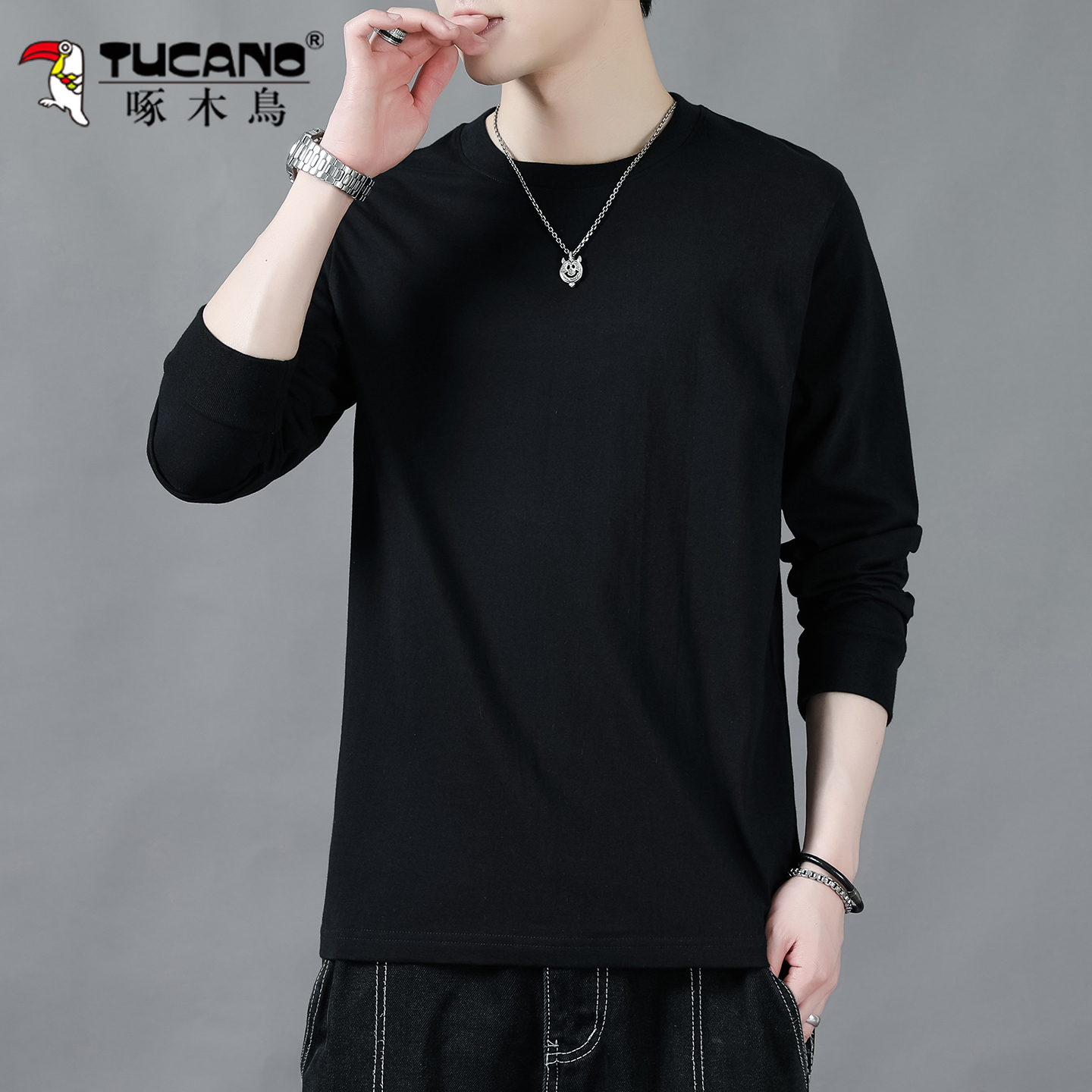 啄木鸟黑色长袖t恤男纯棉秋季25新款宽松圆领休闲百搭打底衫卫衣