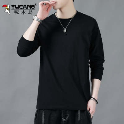 啄木鸟黑色长袖t恤男纯棉秋季25新款宽松圆领休闲百搭打底衫卫衣