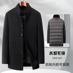 花花公子品牌高档冬装水貂毛领+可拆羽绒内胆男士羊毛呢大衣立领厚男外套