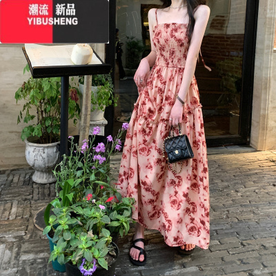 YIBUSHENG法式玫瑰印花系带吊带连衣裙女春季2024新款度假风褶皱收腰长裙子